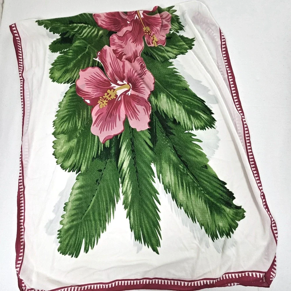 Vintage Floral Hibiscus Tropical Sarong Wrap Beach Cover Up White Pink Green